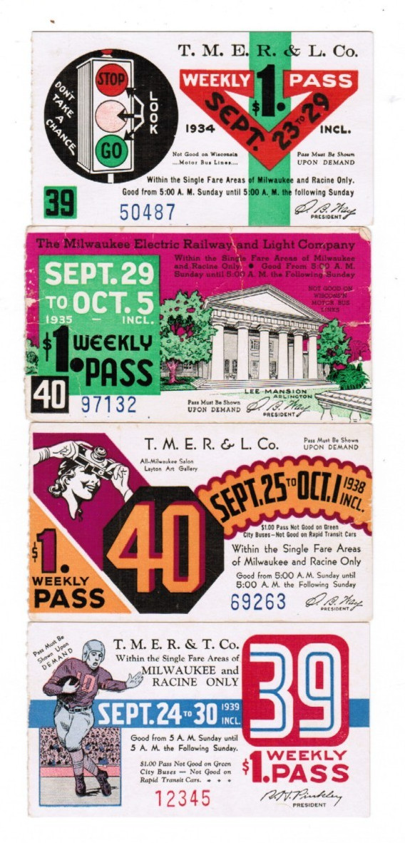 4 Milwaukee Trolley Bus TRANSIT TICKET Passes September 1934 1935 1938 1939