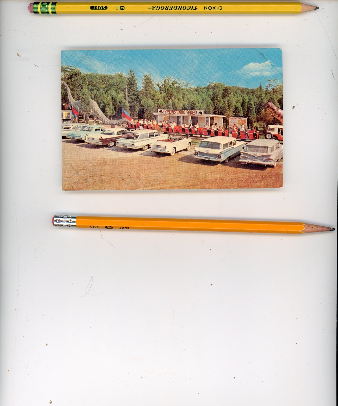 ca 1960 Pre-Historic Forest Irish Hills MI ad postcard, cars, roadside americana
