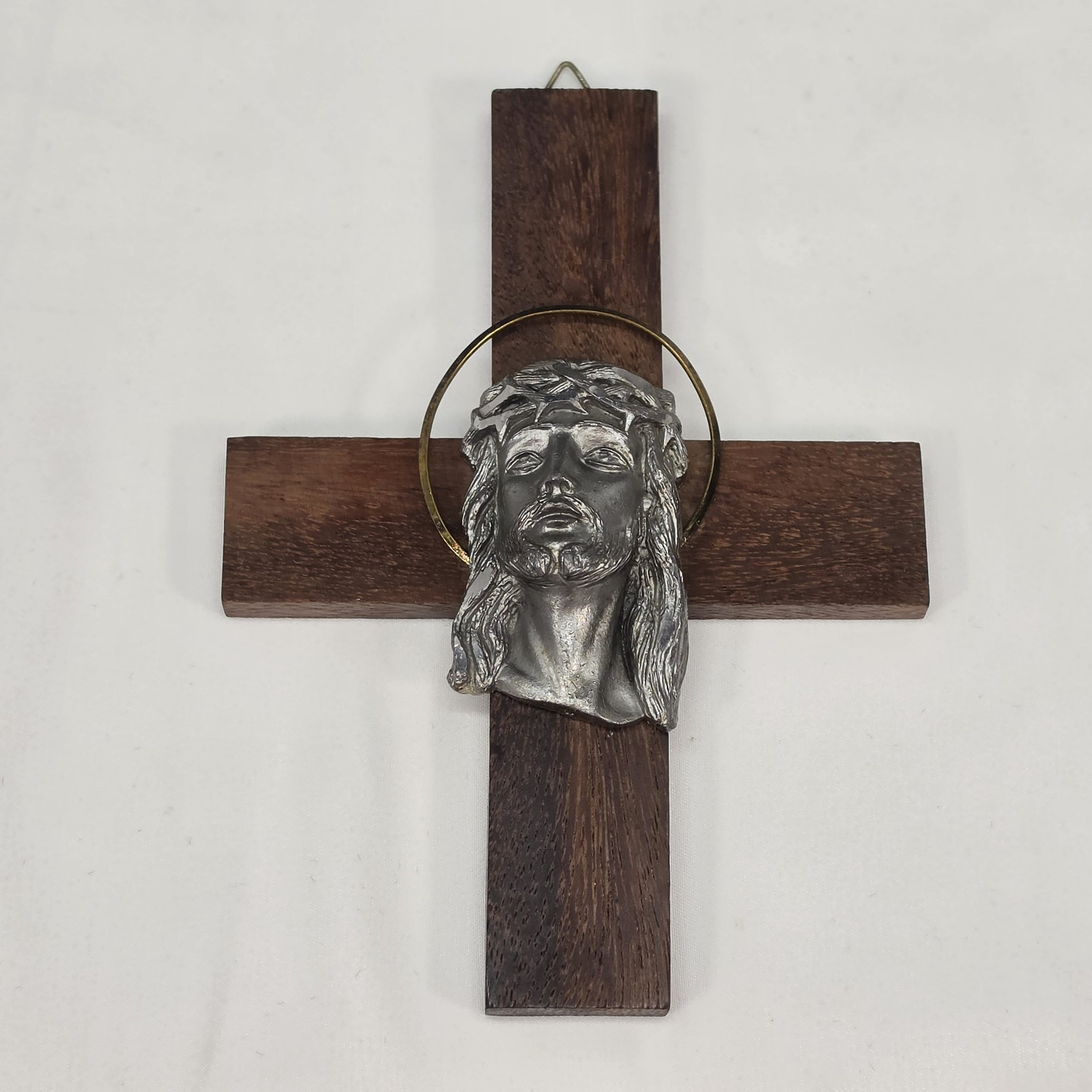 Vintage Walnut 3D Pewter Wood Cross Jesus Head Wall Crucifix Religious Decor