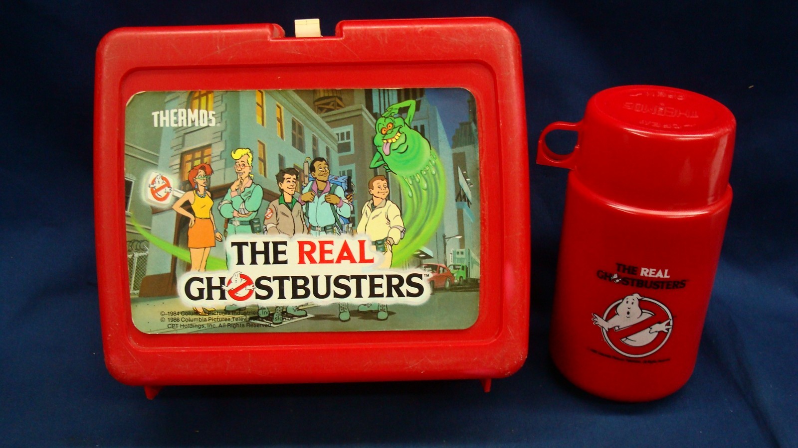 Vintage 1986 The Real Ghostbusters  Red Plastic Thermos Lunch Box W THERMOS