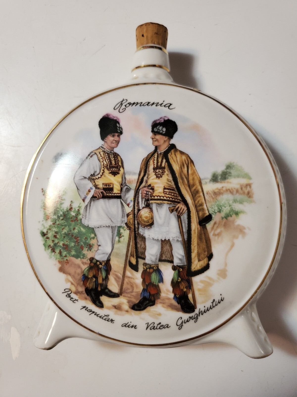 Romanian Souvenir Empty White Porcelain Liquor Booze Bottle 