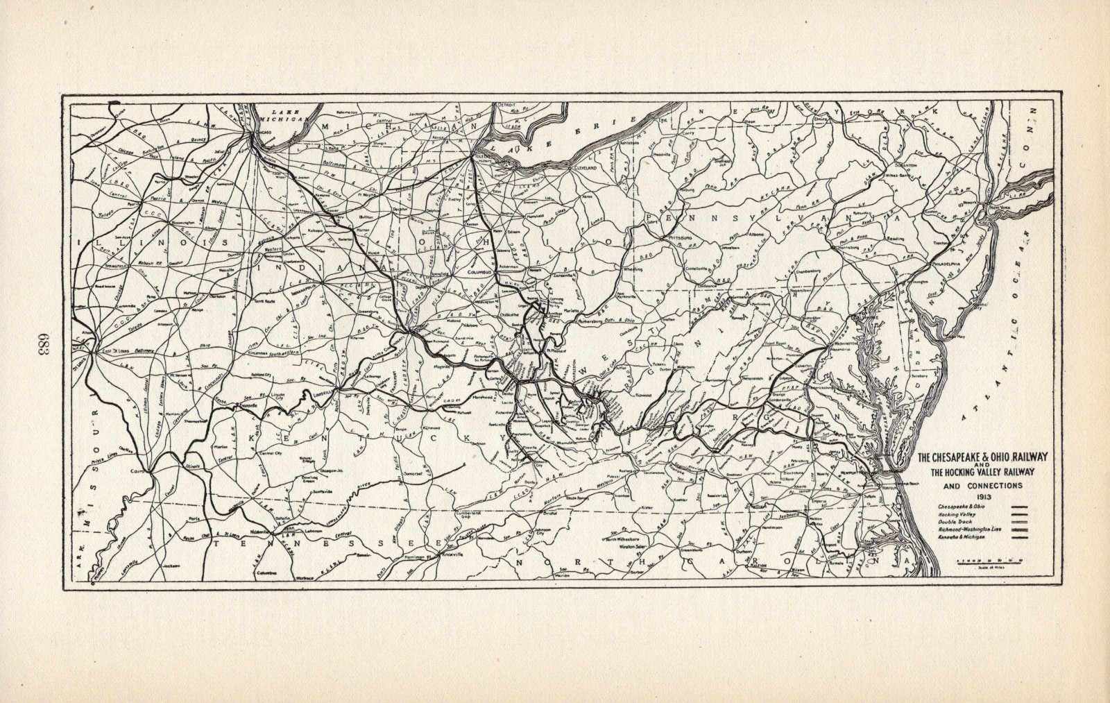 1914 Antique Chesapeake and Ohio Railway Map Hocking Valley Railway Map 3296