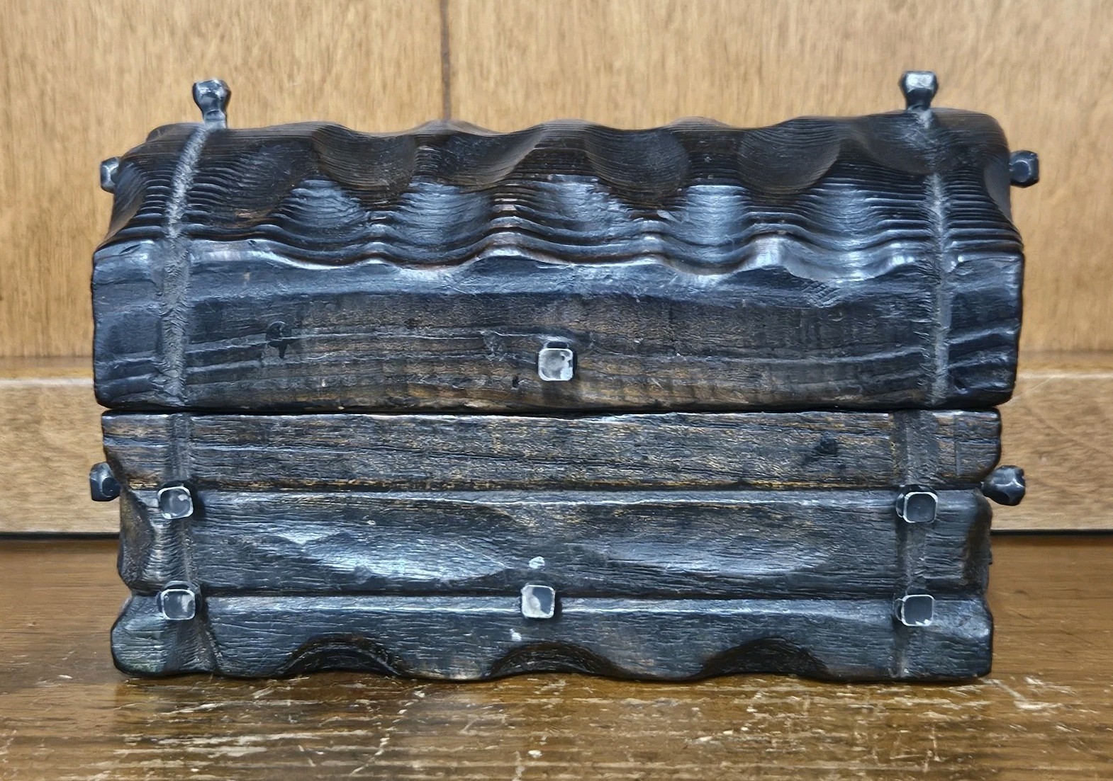 Vintage Brutalist Wood Hinged Trunk Box with Nails 3\