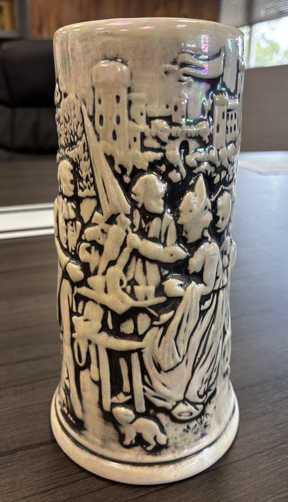 German Style Ceramic Beer Stein with Raised Relief Village Scene Breweriana