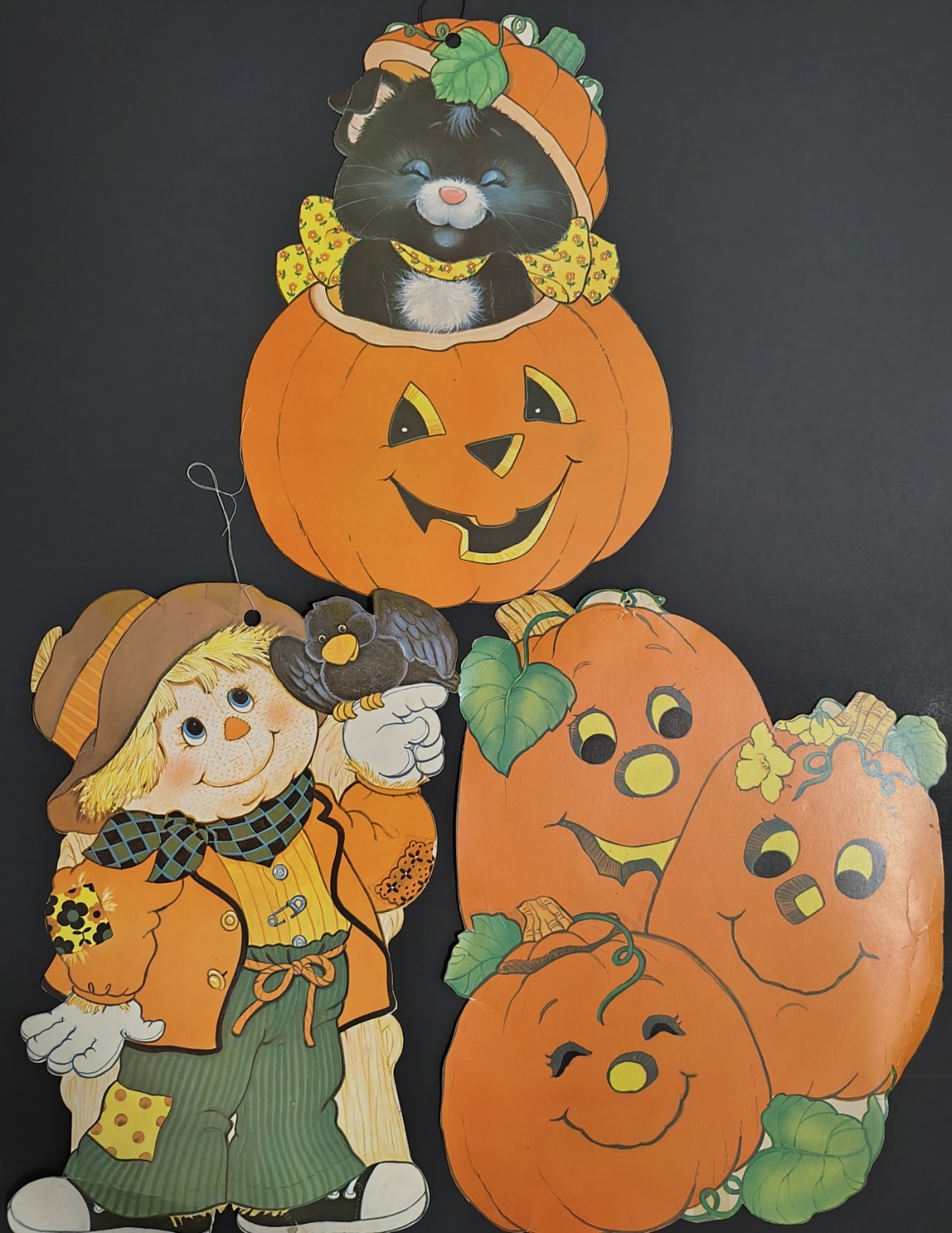 Vtg 3 Pumpkin ,Kitty, Scarecrow Die Cut Halloween Fall Hanging Decoration 2 Side Vtg 3 Pumpkin ,Kitty, Scarecrow Die Cut Halloween Fall Hanging Decoration 2 Side