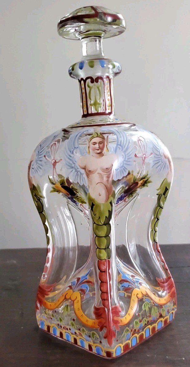 Kuttrolf Antique gurgle bottle 19th century gass mythical figures hand...