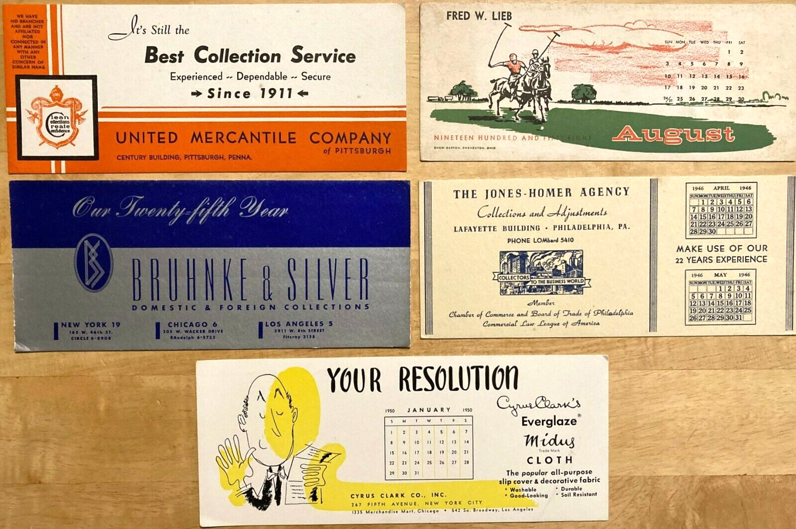 1946 – 1950\'s Lot of Five (5) Vintge Advertising Blotters     (L # 2)