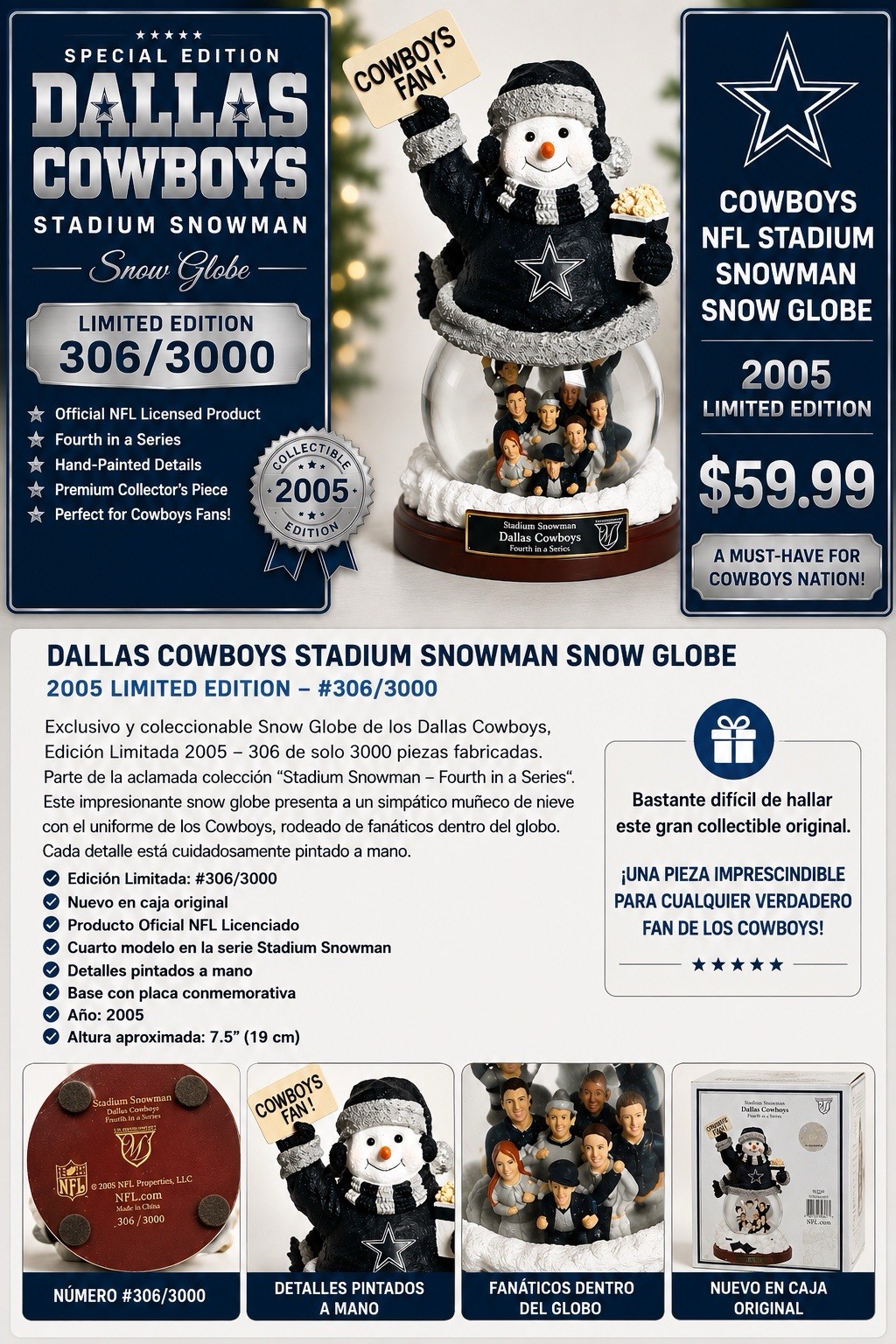 Dallas Cowboys NFL Stadium Snowman Snow Globe 2005 Limited Edition #306/3000