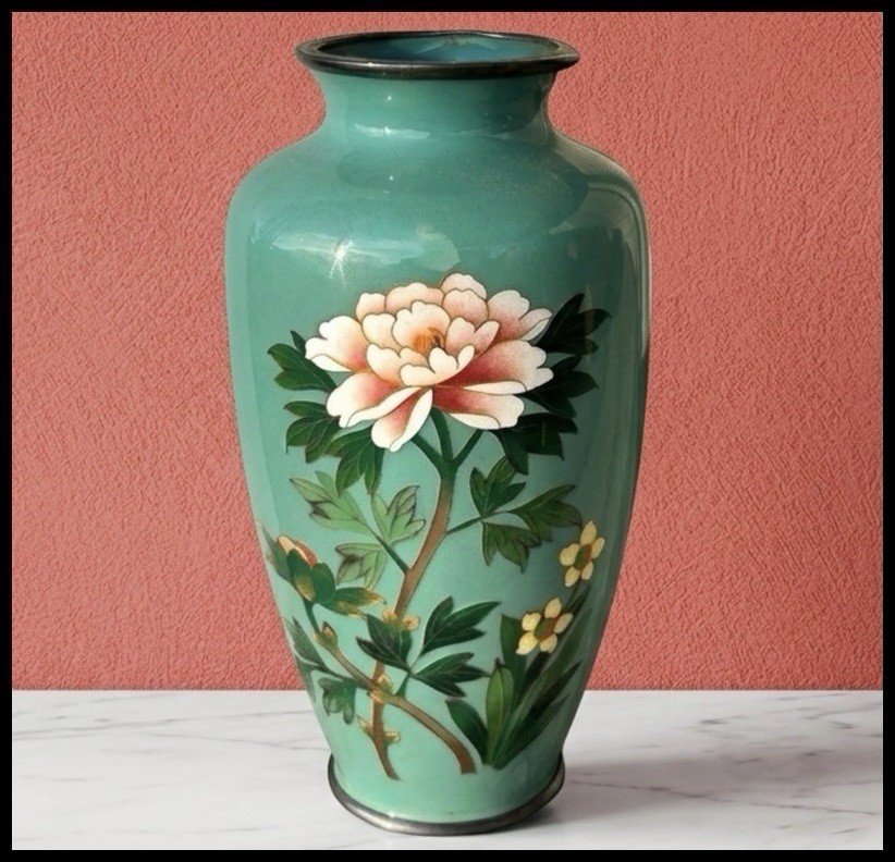 Vintage 1950s Japanese Inaba Company Cloisonne Turquoise Peony Vase w/ Paperwork