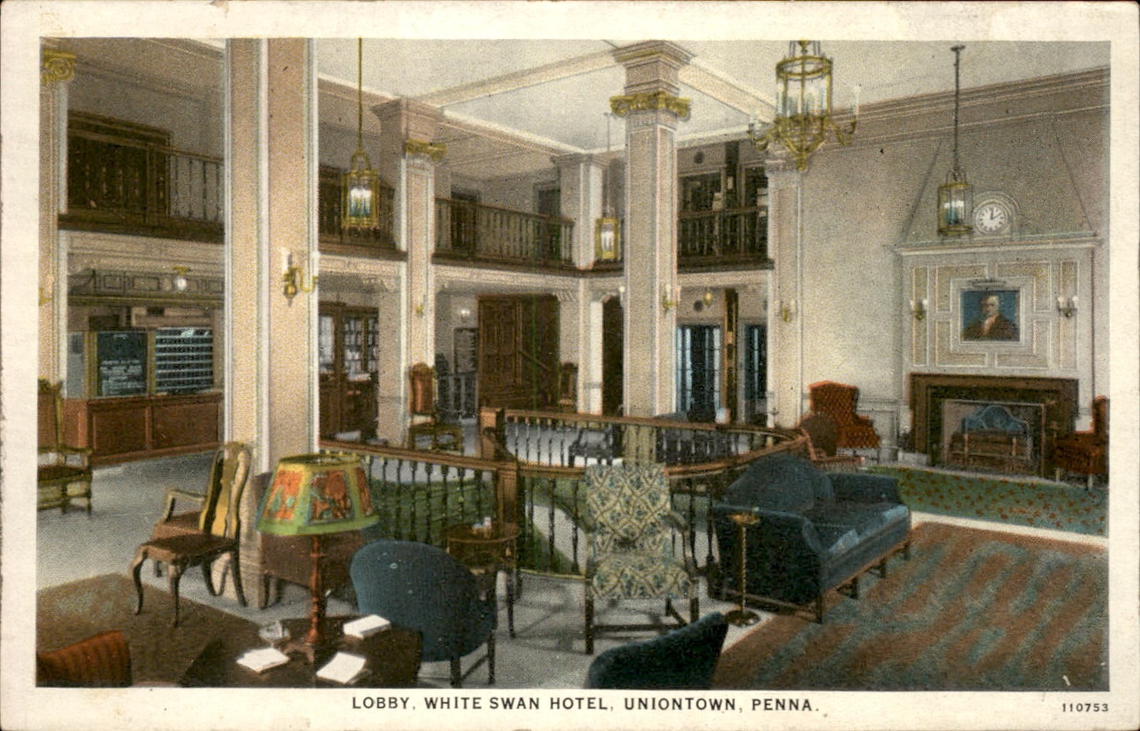 Uniontown PA Hotel Lobby Curt Teich & Company, Inc. c1920s-30s Vintage Postcard