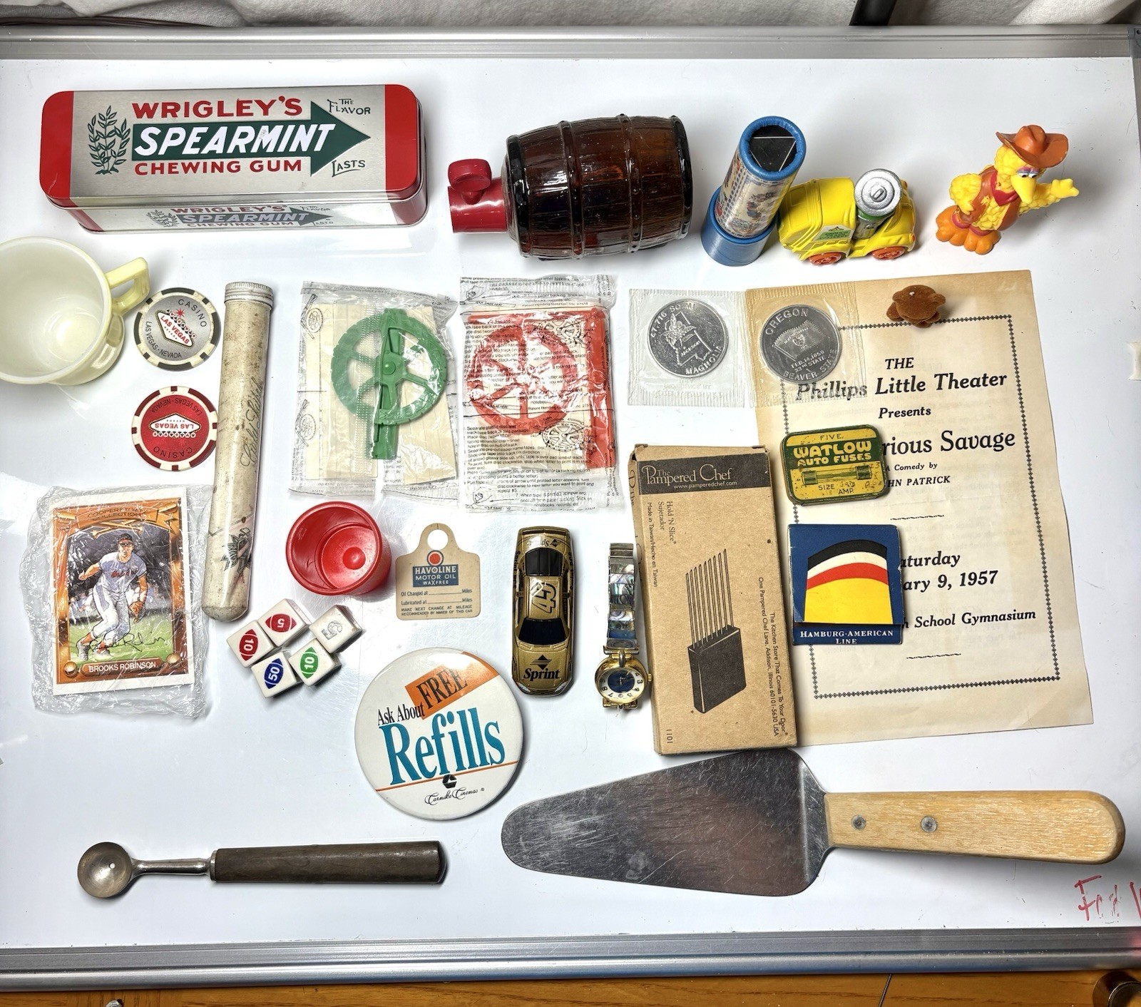 Vtg Junk Drawer Lot Estate 30 Pcs Tins Toys Tokens Premiums Matchbook Kitchen 