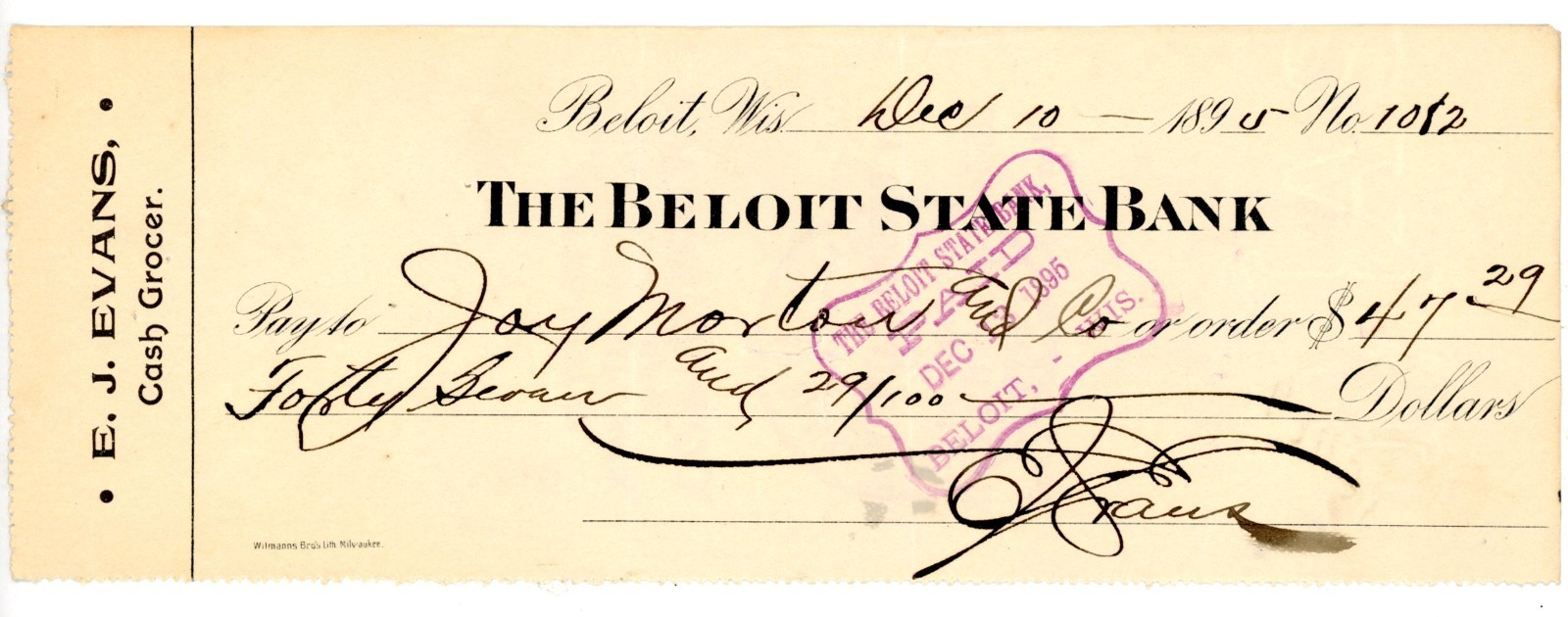 1895 Beloit State Bank Check EJ Evans Signed Grocer, to Joy Morton & Co. Stamped