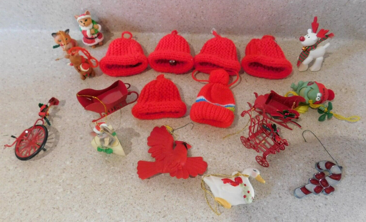 Lot Of 19 Random Christmas Hanging Ornaments Red Hats Sleighs Animals Candy Cane