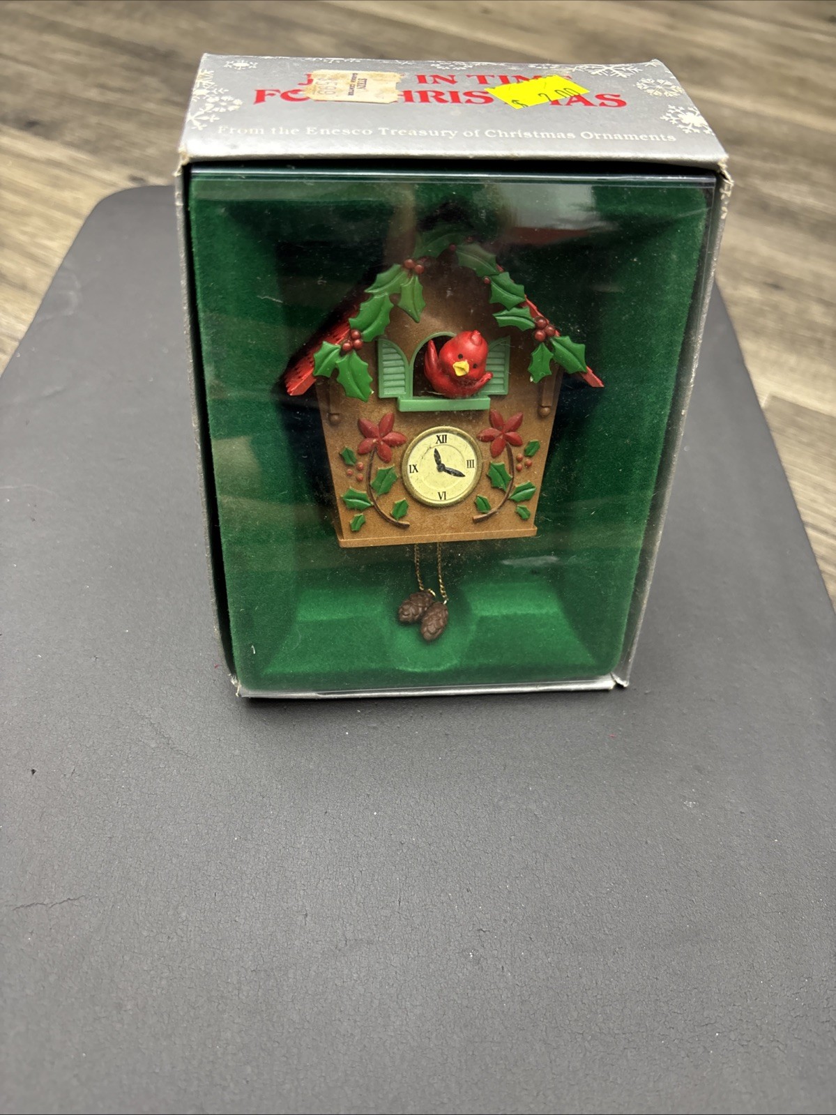 Vintage 1984 Enesco “Just in Time for Christmas” Cuckoo Clock Ornament w/ box
