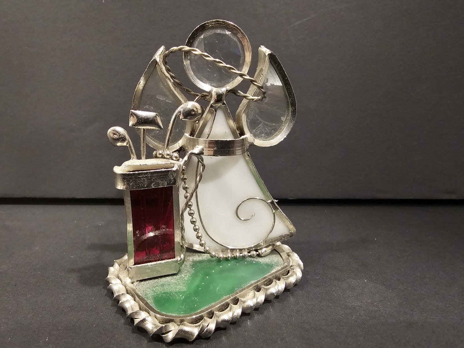 Whimsical Stained Glass Angel Figurine With Golf Clubs