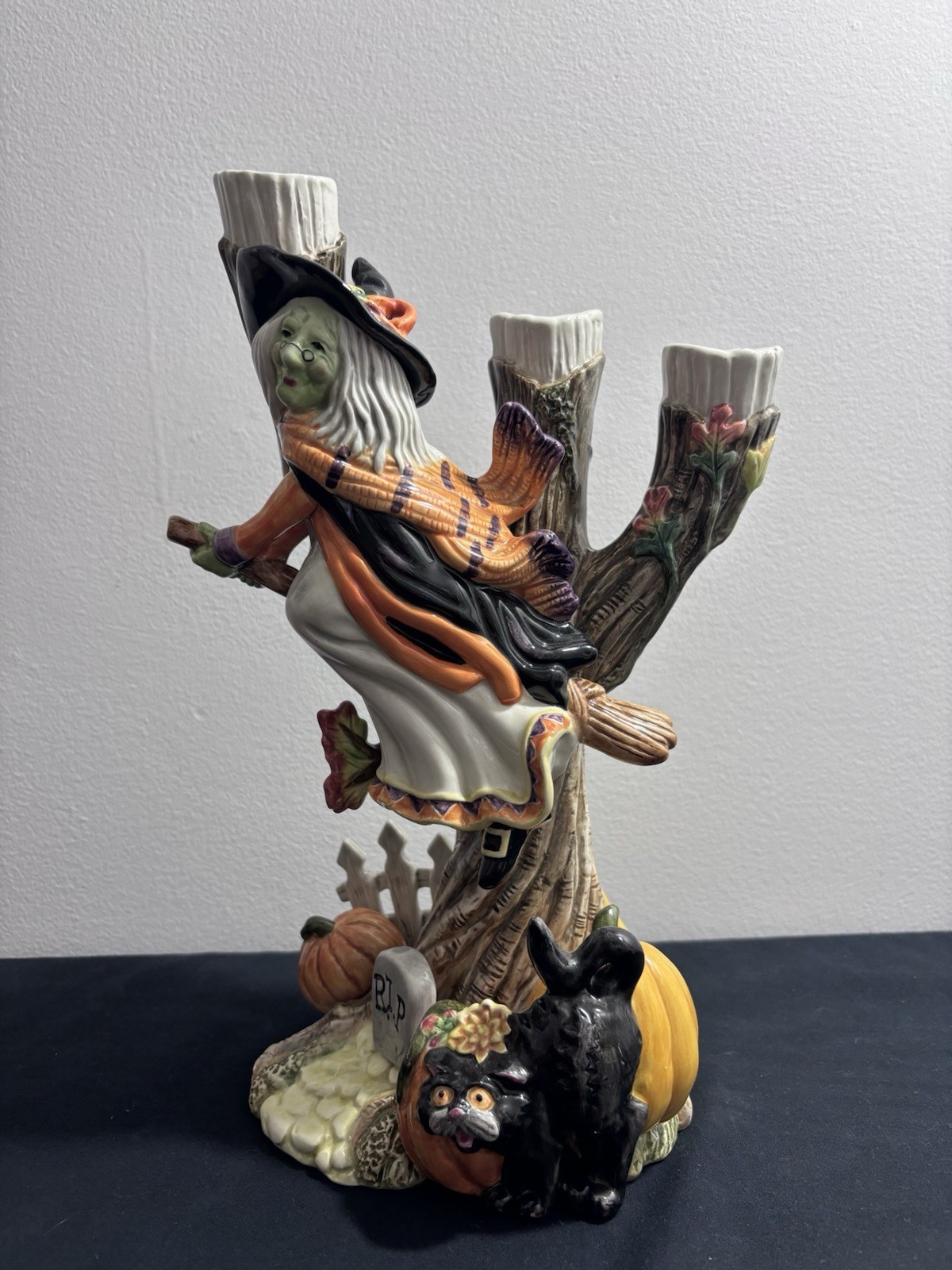 FITZ & FLOYD 1995 12” Halloween Folk Art Harvest Witch Tree Candelabra
