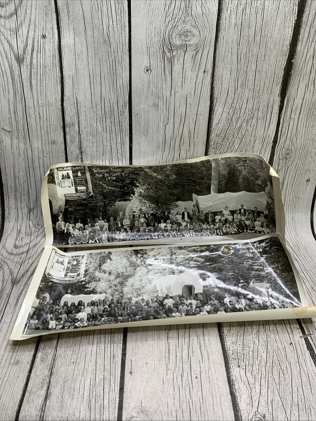 Vintage 1970 1971 Hume Lake Christian Camp Wagon Train Panoramic Group Photo