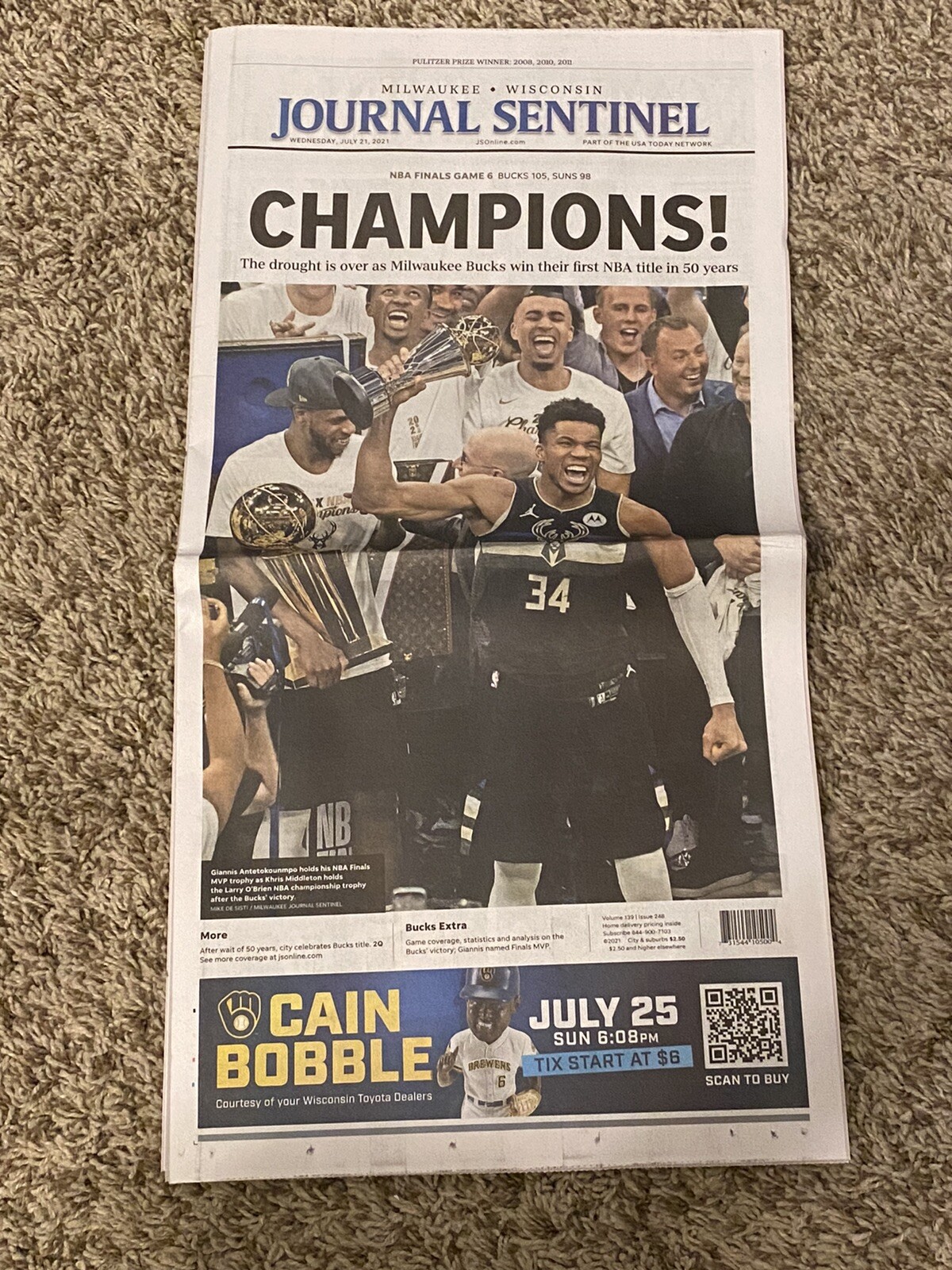 Giannis Antetokounmpo Journal Sentinel 7 - 2021 Newspaper Milwaukee Bucks Champs