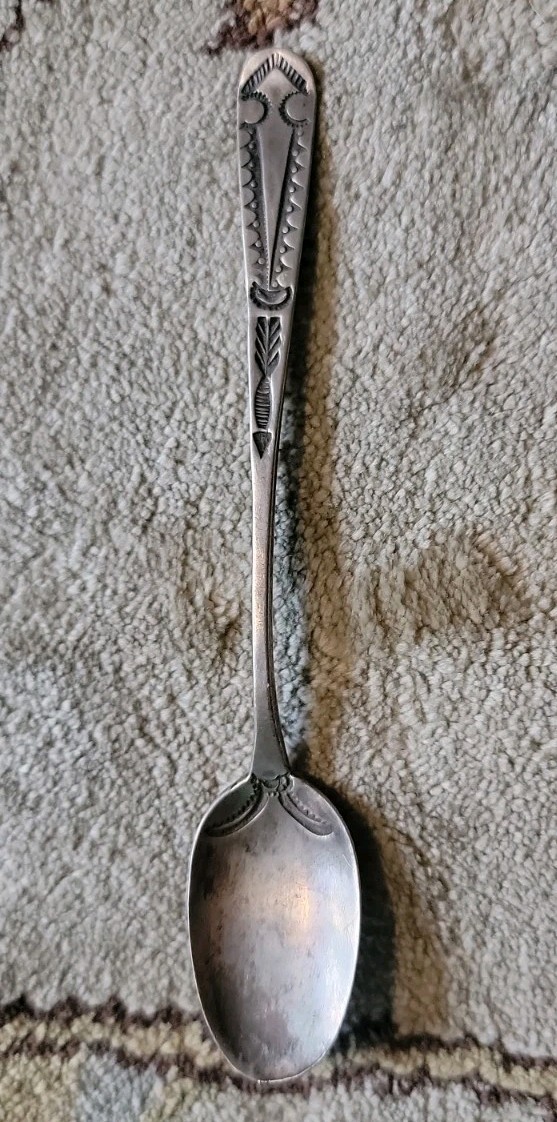 Vintage Navajo old Coin silver Fred Harvey era Embossed Spoon 4.75” 1900-30\'s