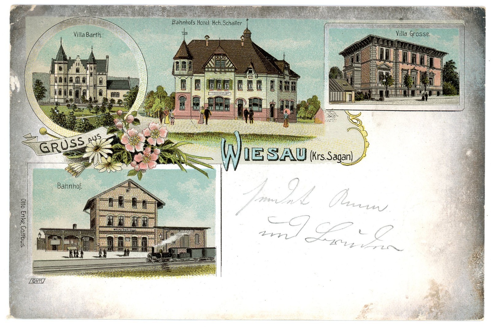 Postcard litho greeting from Wiesau district Sagan Silesia Wymiarki station hotel 1906 U282