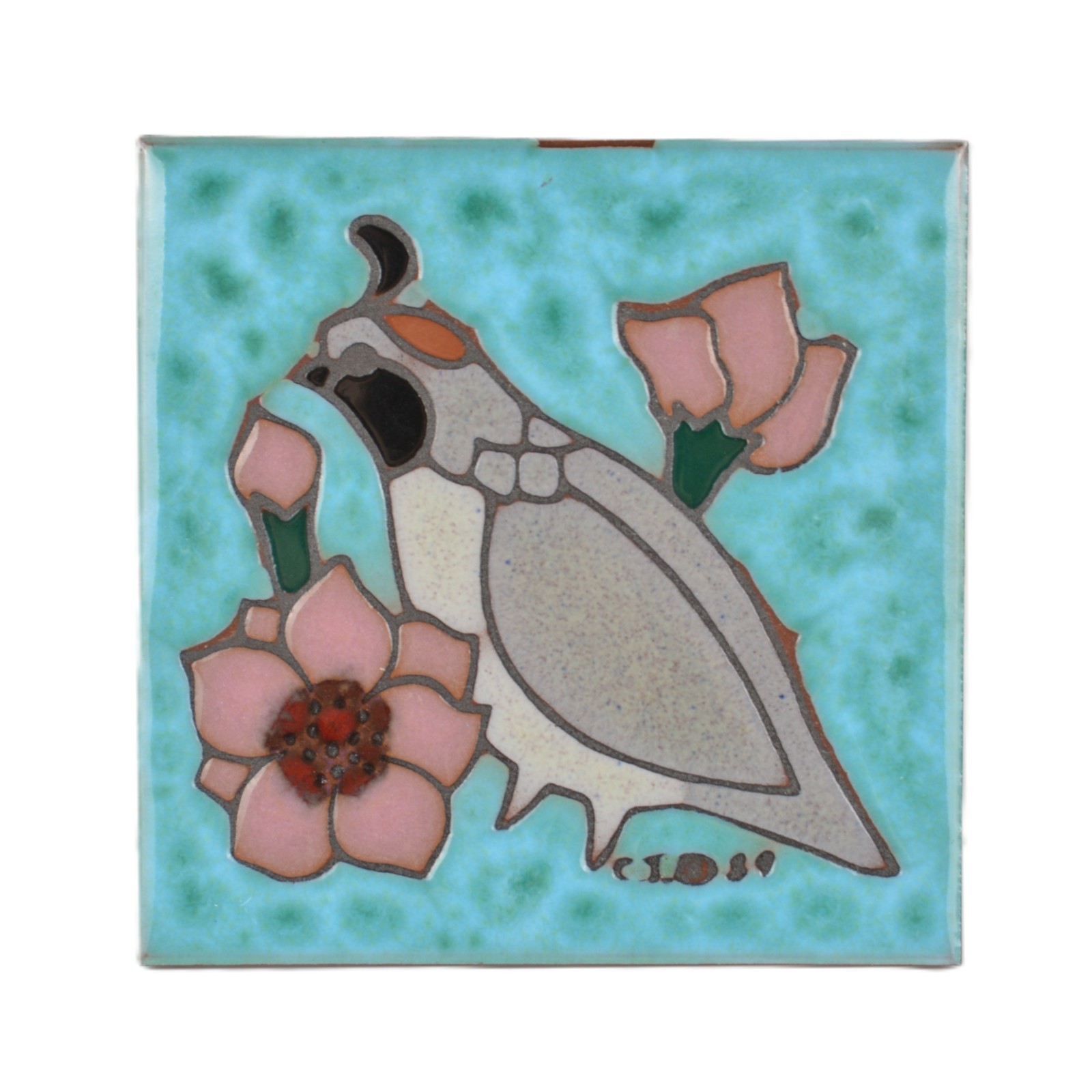 Vintage Cleo Teissedre Birf Flowers Southwestern Turquoise Tile Trivet Vintage Cleo Teissedre Birf Flowers Southwestern Turquoise Tile Trivet