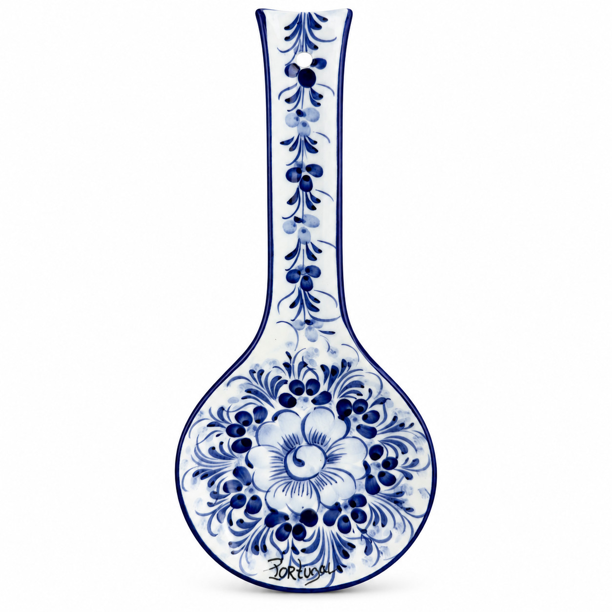 Hand-Painted Portuguese Blue & White Floral Ceramic Spoon Rest, 10\