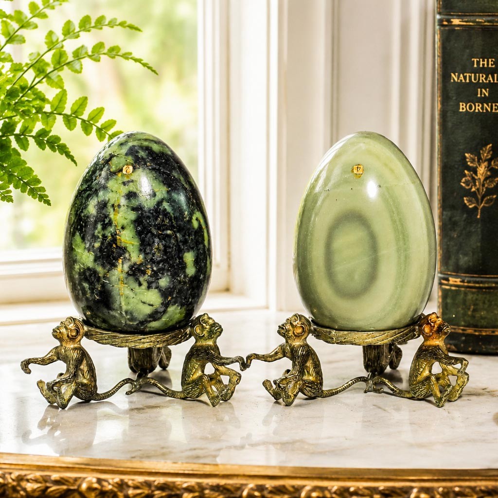 Wonderful Antique Polished Stone Specimen Eggs Monkey Stands Grand Tour 