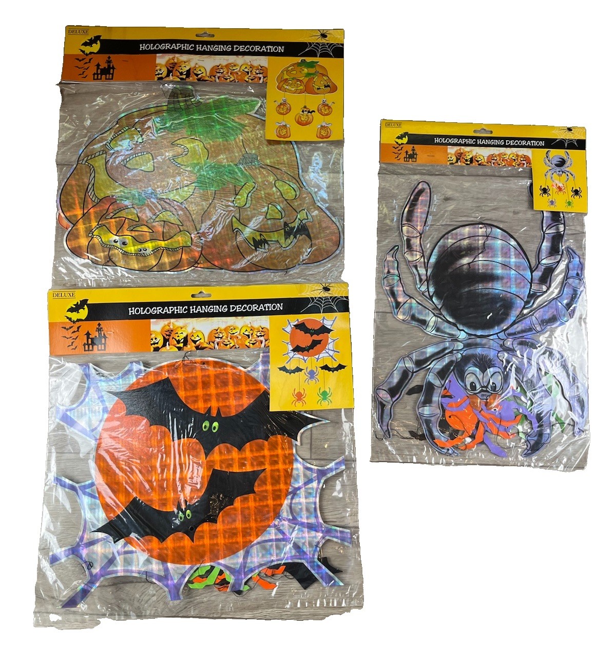 VTG 90’s Halloween Holographic Hanging Decor Pumpkin Bates Spiders Lot Of 3 NEW