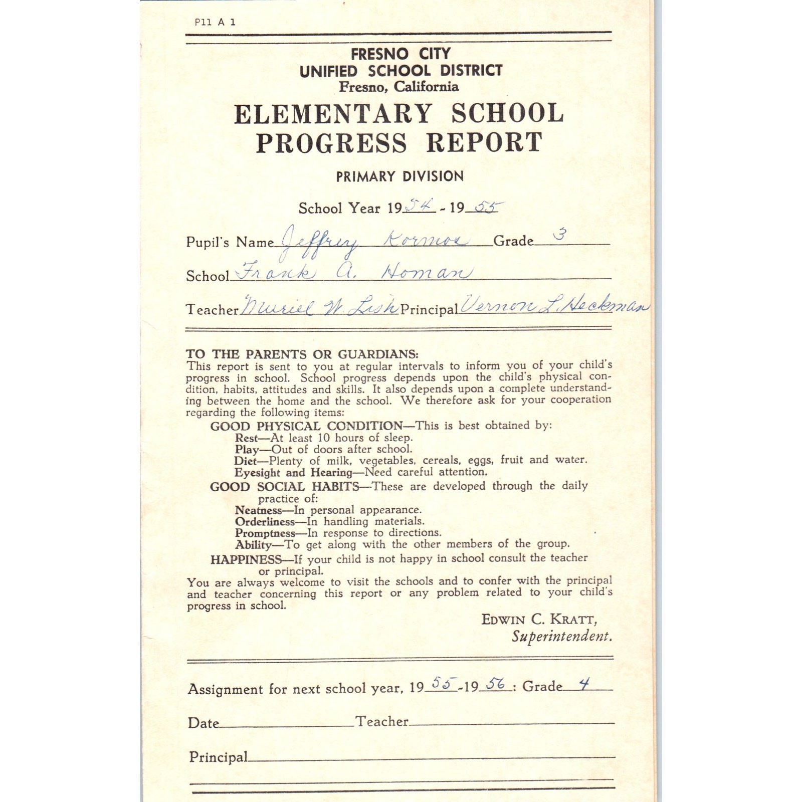 1954-55 Fresno City Schools Fresno CA Report Card Jeffrey Kormos Grade 3 AB9