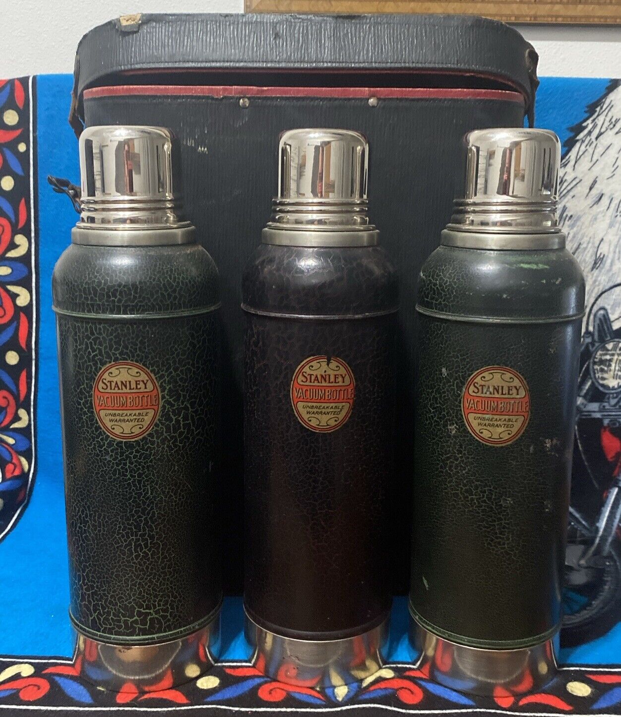 Antique STANLEY 1920’s RARE Vacuum Bottle Thermos 3 Bottle Picnic W/case Leather