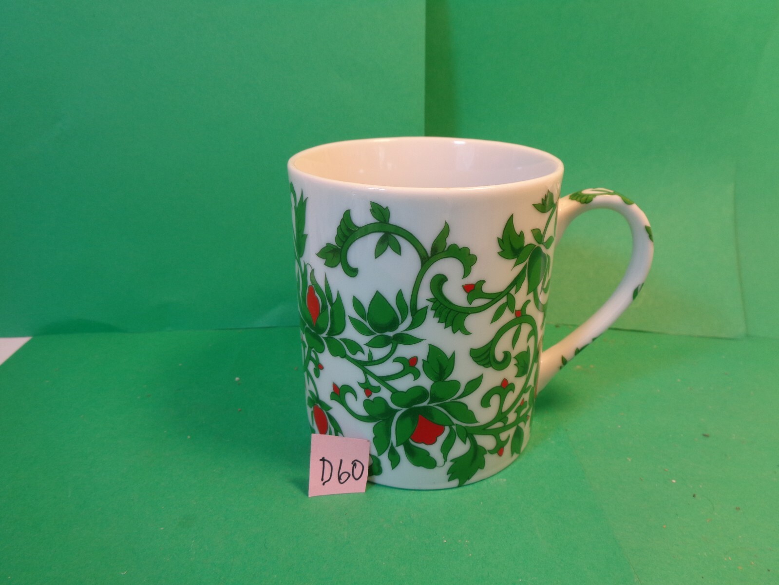 Green Leaf Red Flower Floral Pattern  Coffee Mug, Williams Sonoma (Used/EUC)
