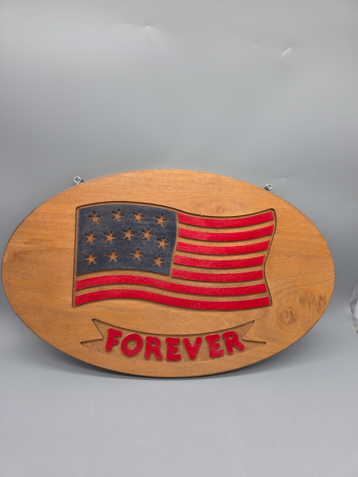 Wooden Americana Oval Wall Plaque with painted American Flag Patriotic 18\