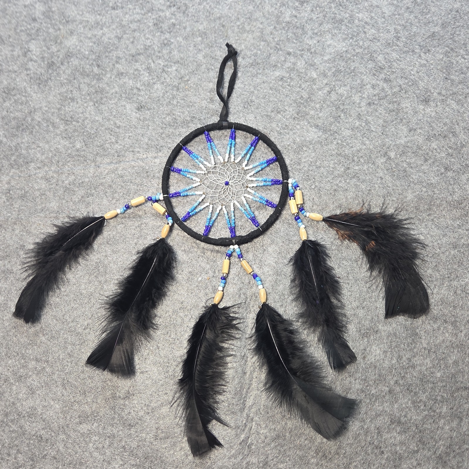 Handcrafted Blue & White Beaded Dreamcatcher with Black Feathers & Wooden Beads