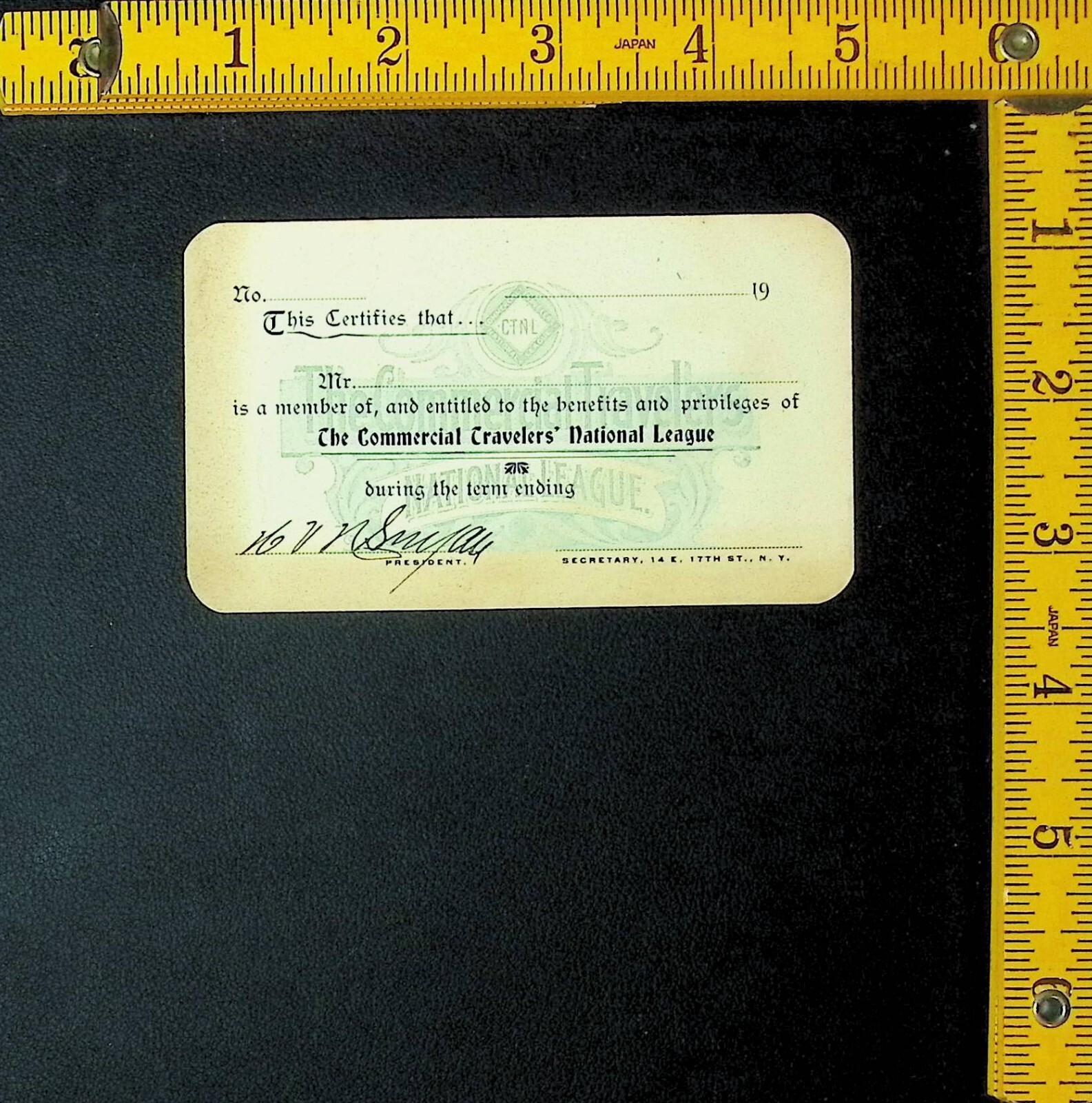 1900-1901 Commercial Travelers National League Membership Card