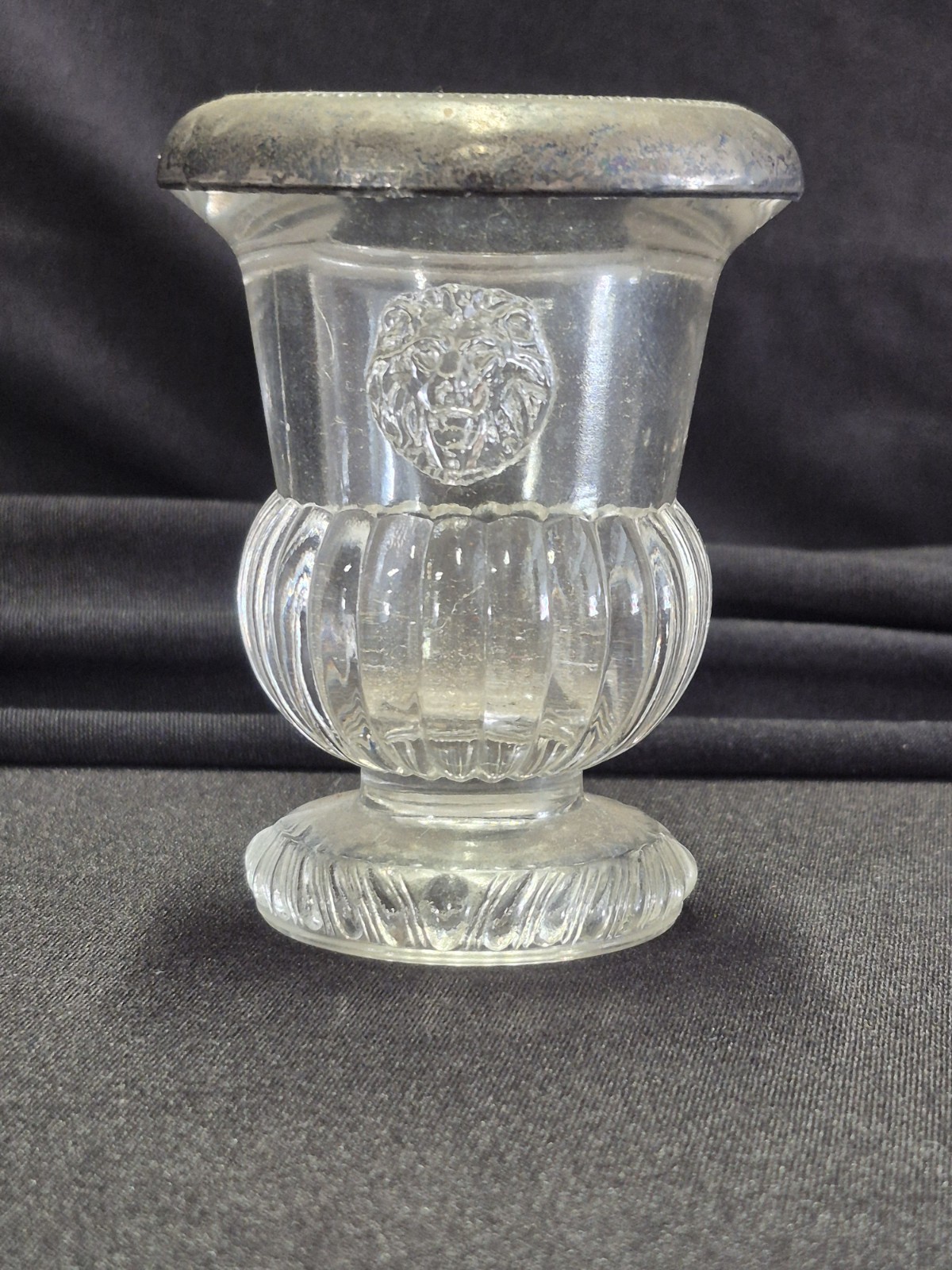Vintage Pressed Glass Lion Head Toothpick Match Holder Silverplate Rim 3.25\