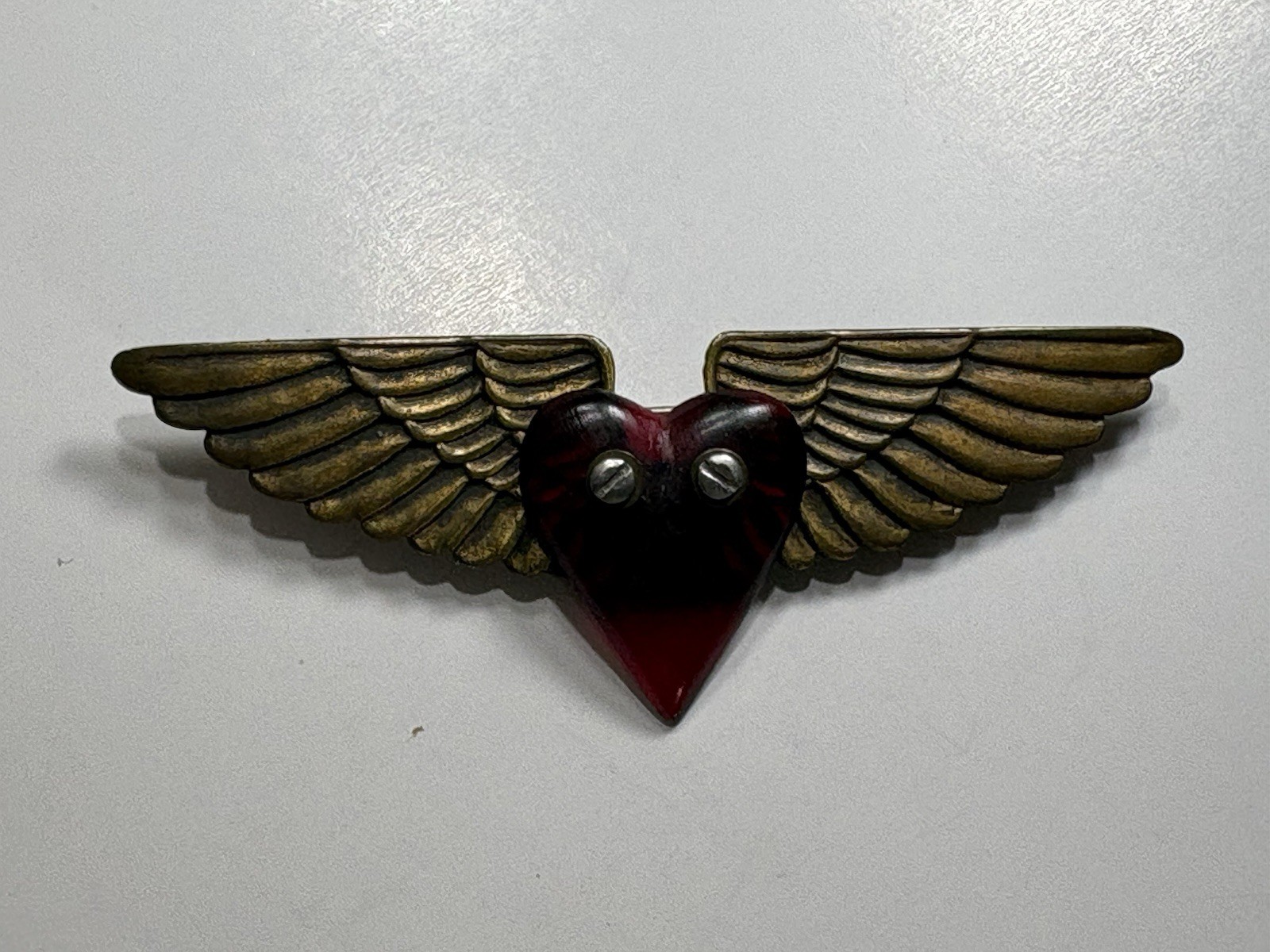 Vintage Thomas Mann Techno Steampunk Wing Heart Aviation WW2 Era Pinback Brooch