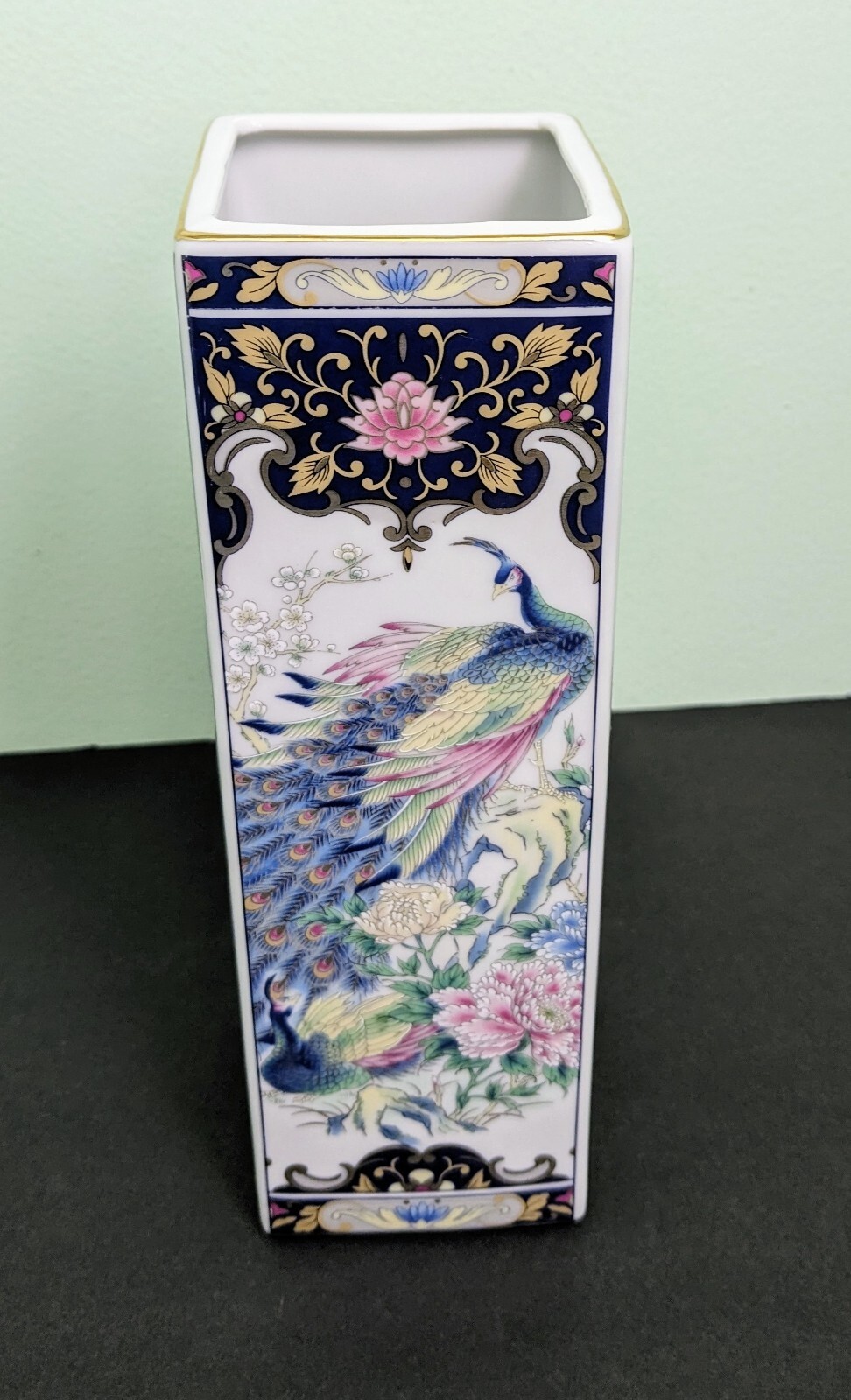 Vintage CHINESE/JAPANESE Hand Painted Porcelain Square Vase, Peacock Motif, 9.5