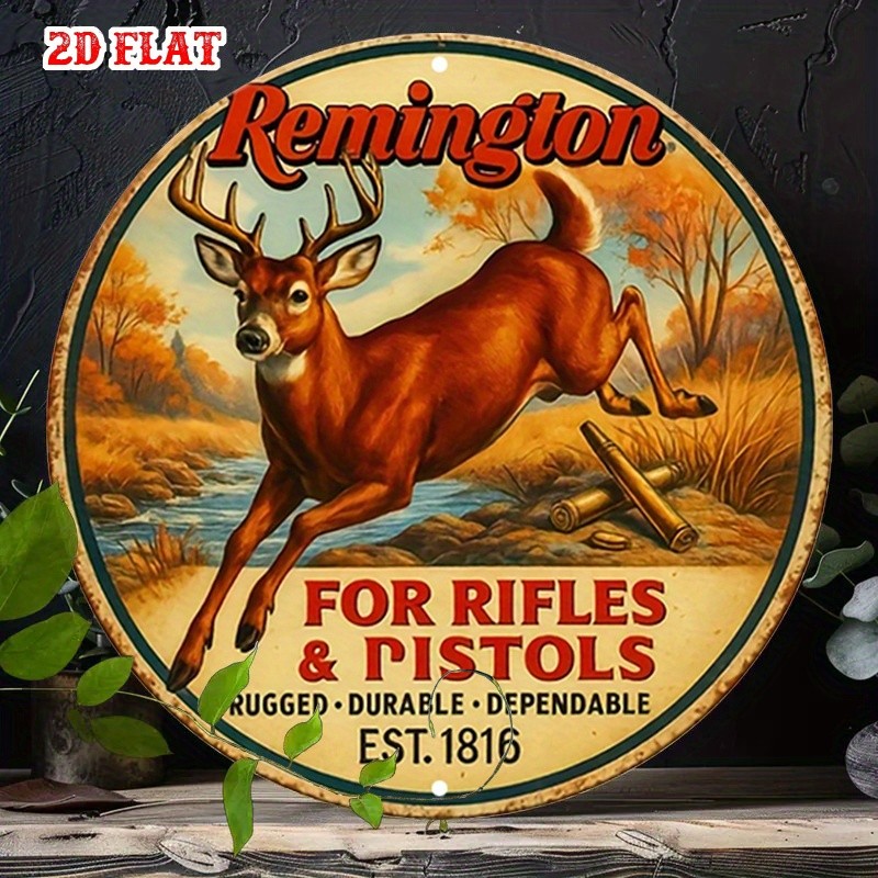 Remington Hunting Deer Jumping with Rifle Tin Metal Signs Home Décor 8x8 