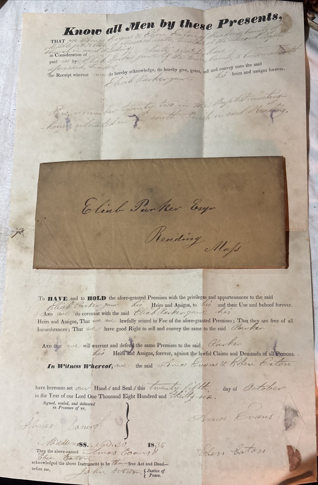 1836 Antique Church Pew Deed Reading Massachusetts Baptist Meeting House No. 22