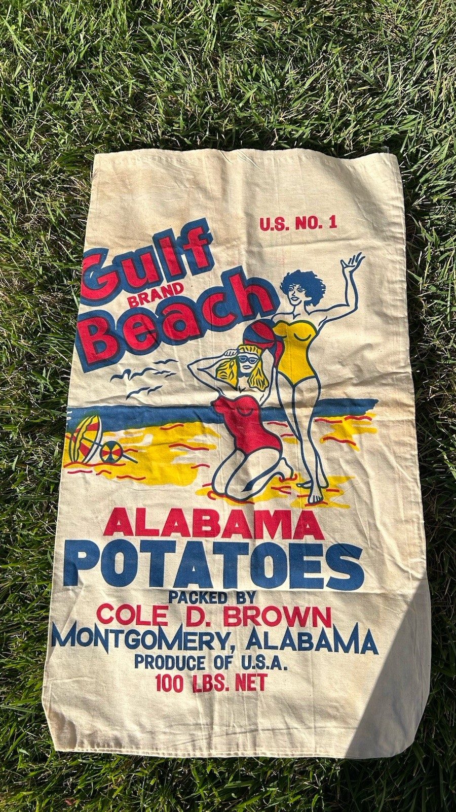 Large 100lb 20th Century Vintage Pin Up Beach Bunny Potato Alabama Feed Sack Large 100lb 20th Century Vintage Pin Up Beach Bunny Potato Alabama Feed Sack