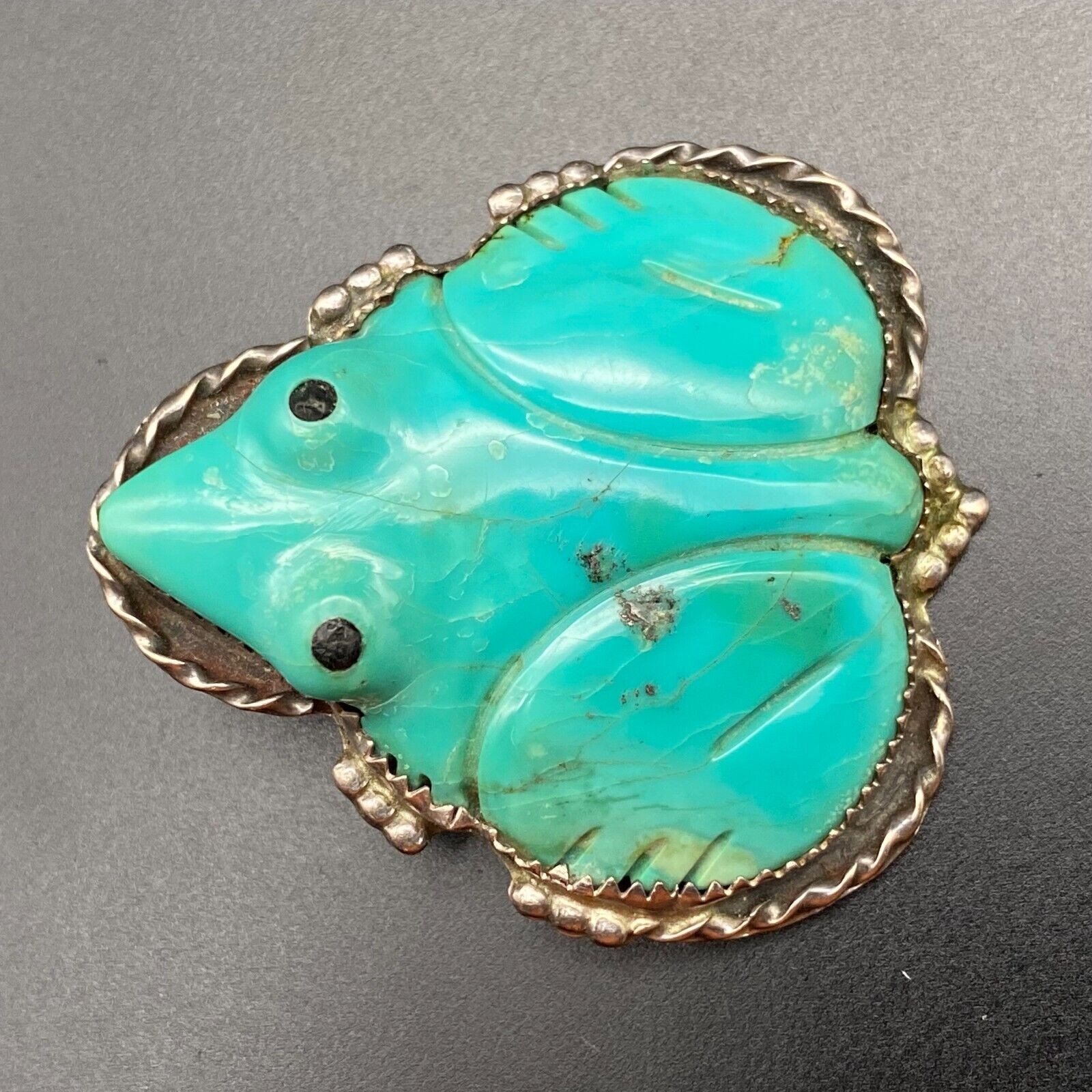 Vintage Zuni Native Frog Fetish Turquoise Silver Pin Brooch Pendant