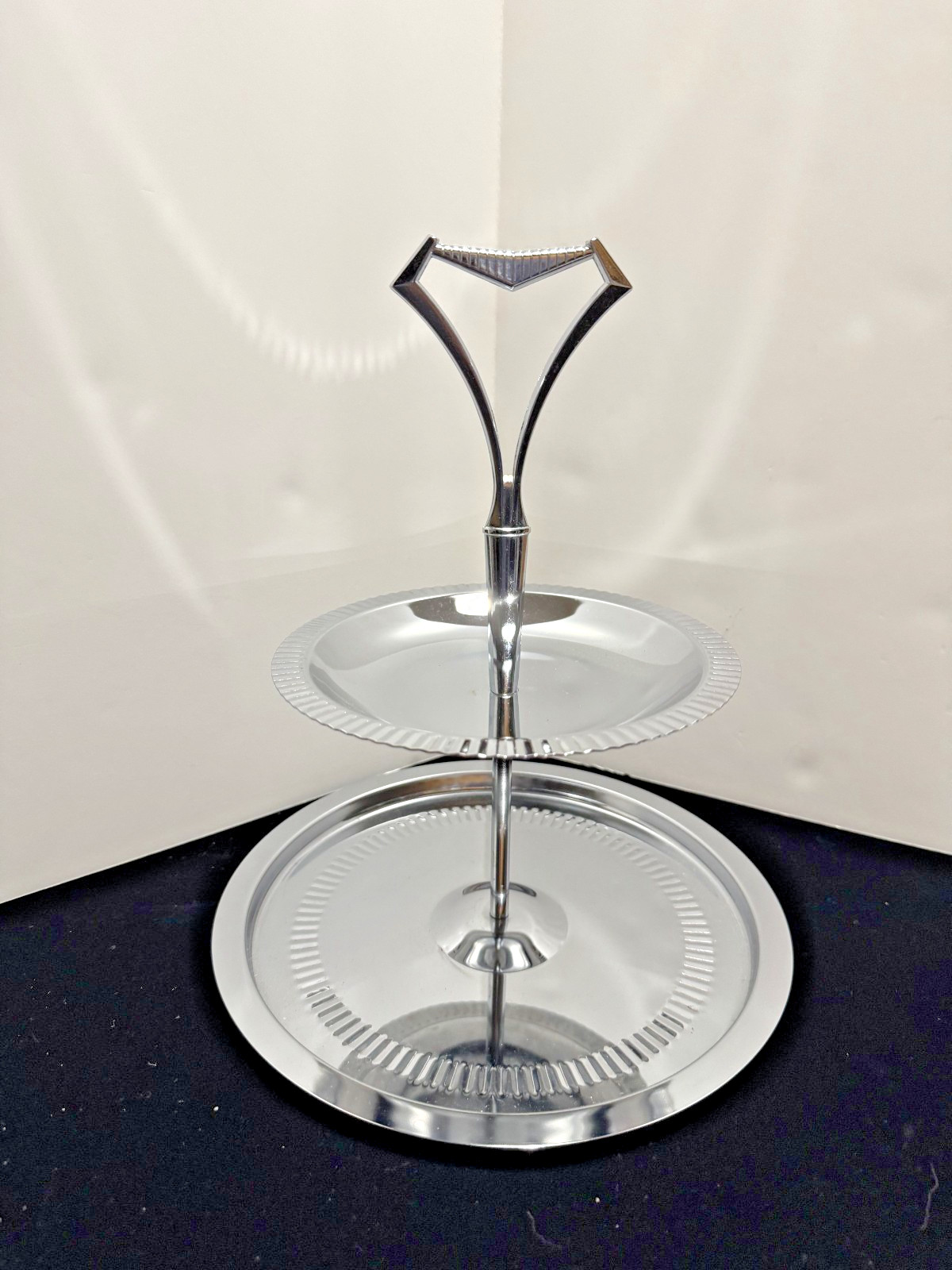 Vintage MCM Kromex brand round 2 tier tidbit tray chrome w crimped embellishment