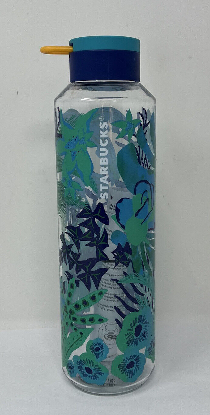 Starbucks 2022 Blue Floral Reusable Plastic Flower Water Bottle Tumbler 24oz