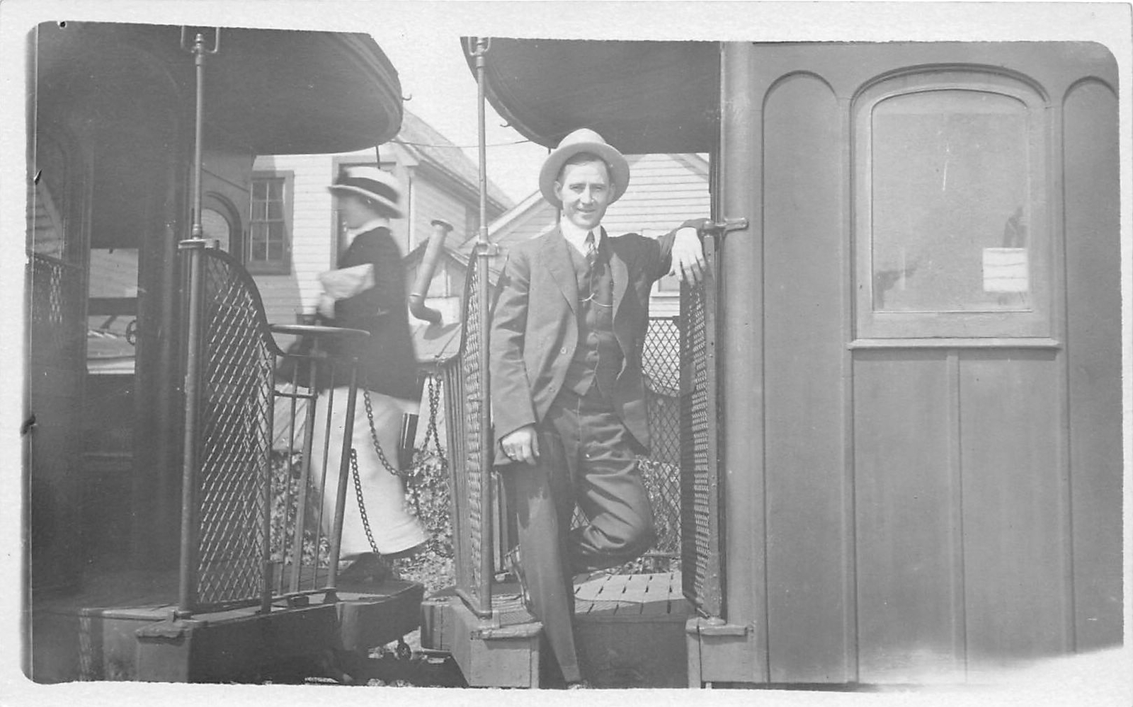 J38/ Interesting RPPC Postcard c1910 Man on Passenger Train Railroad 230