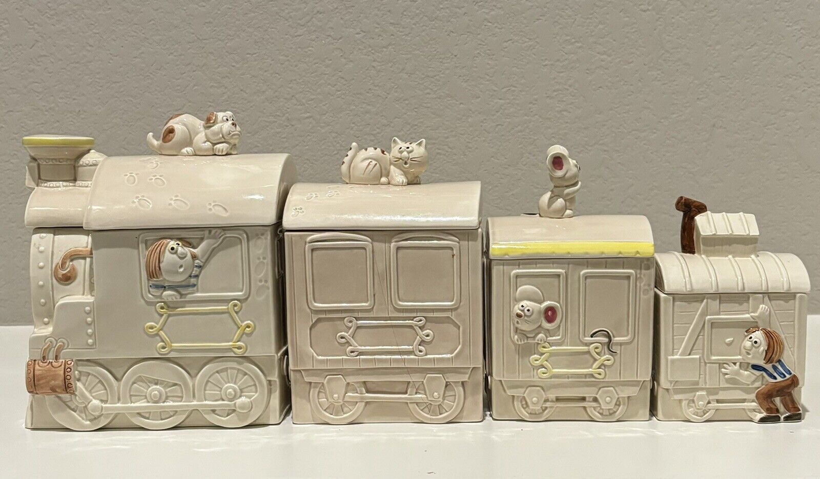 Choo Choo Train Ceramic Cookie Jar Set Hand Painted Vintage Set Of 4 Jars
