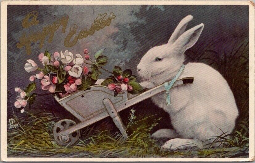 1911 Tuck\'s HAPPY EASTER Gel Postcard White Rabbit w/ Wheelbarrow of Flowers