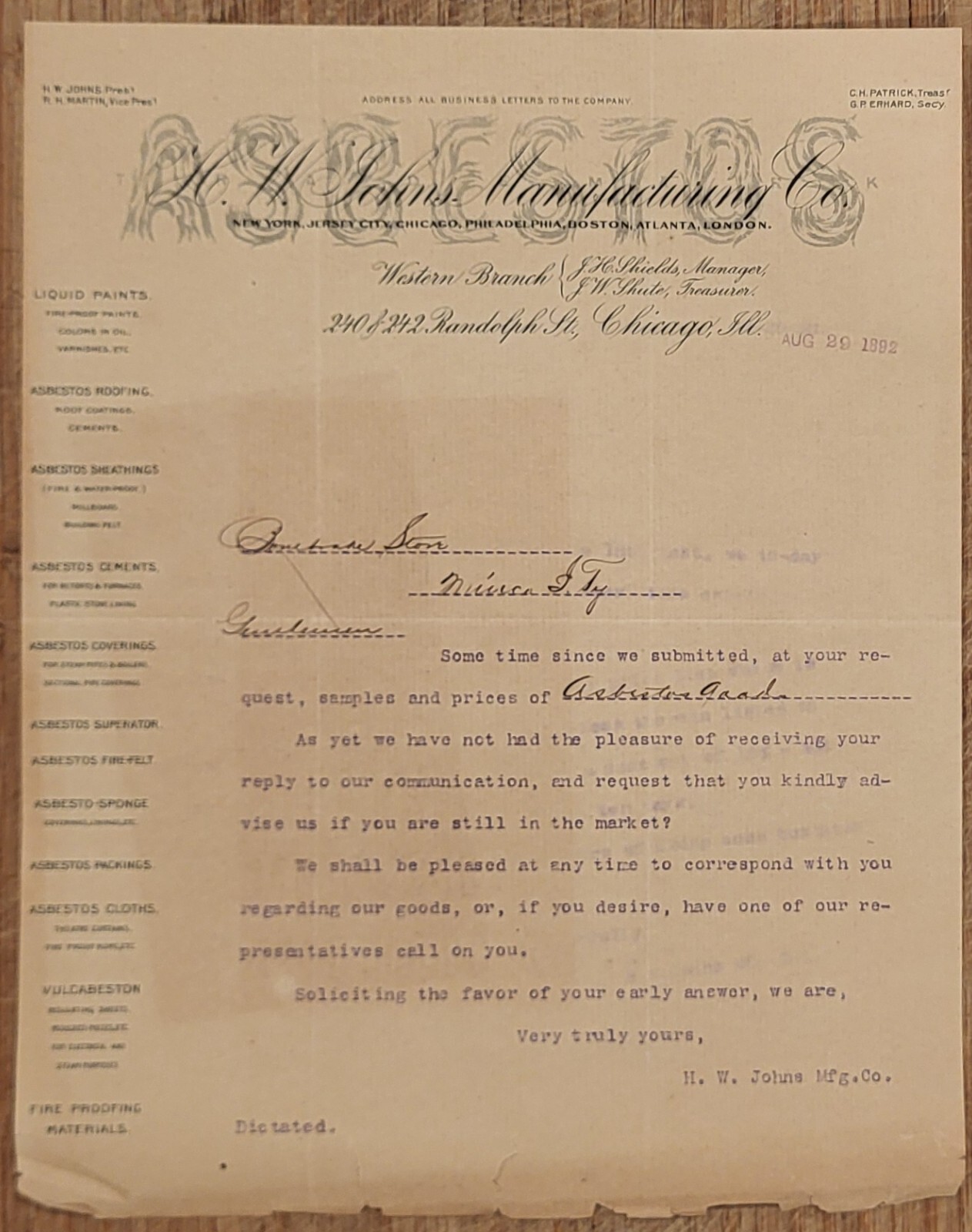 1892 Letterhead Chicago Illinois HW Johns Manufacturing Western Branch