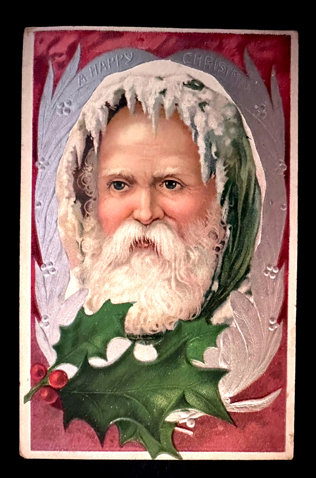 Rare~Full Face~Santa Claus~with Holly~Antique Embossed~Christmas Postcard~r403 Rare~Full Face~Santa Claus~with Holly~Antique Embossed~Christmas Postcard~r403