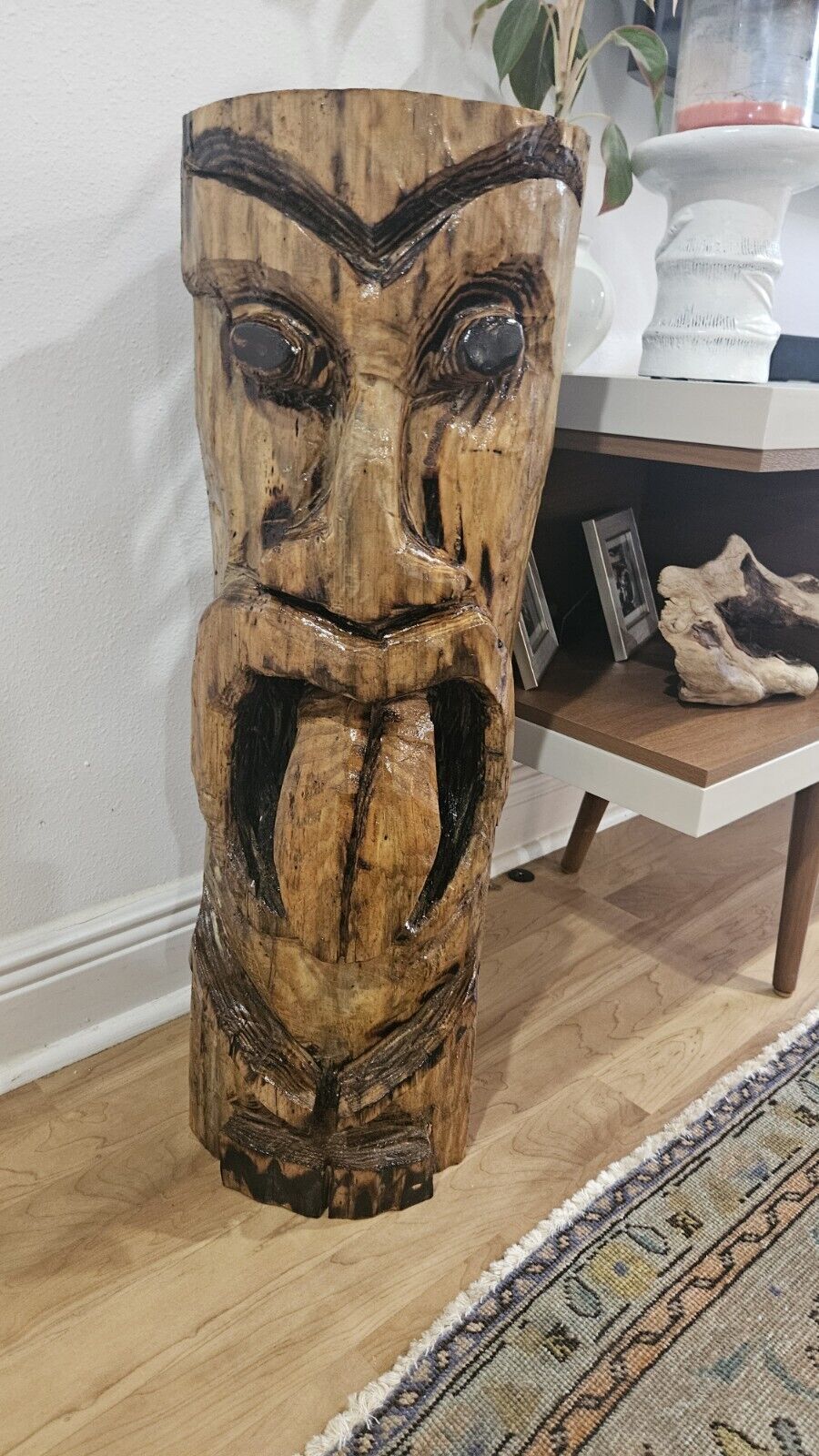 Solid Wood Tiki Statue, Happy Tiki, Coastal Decor, Ooak, Chainsaw Carving 