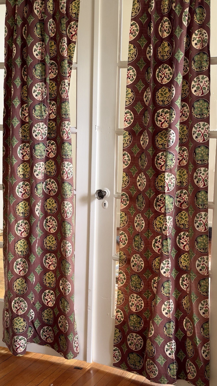 Vtg 50s Abstract MCM Set 4 Panels Curtains Barkcloth Trees Pleated Brown Green